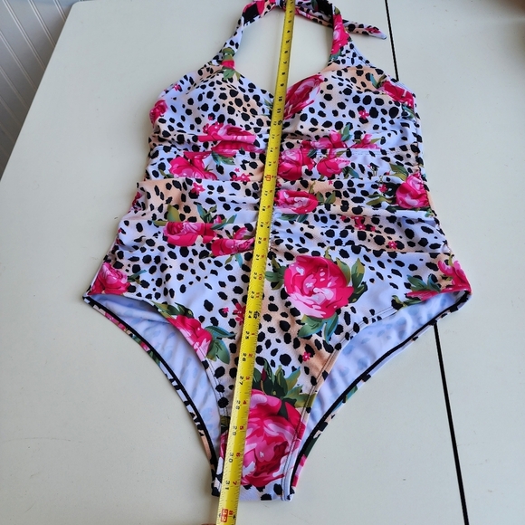 NWOT NOON SWIM Women's Ruched Halter 1 Piece Swimming Suit Leopard Floral Sz 18 - Picture 9 of 15
